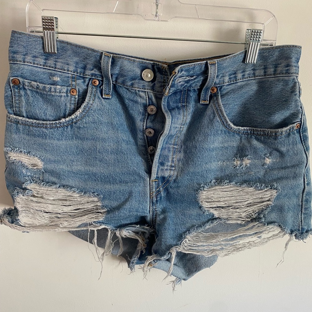 Levi's Light Blue Distressed High-Rise Denim Shorts
